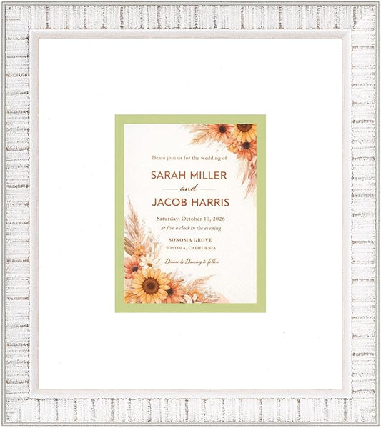 Poster Palooza Wedding Invitation Display Frame 10x11.25 in White With White and Spring Green Double Mat for 4.25x5.5 A2 Keepsake | USA Made