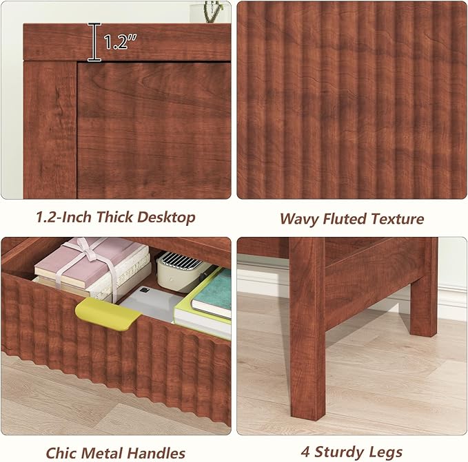 Fluted Computer Desk with 2 Drawers, 39 Inch Small Computer Desk with Storage, Compact Writing Study Desk for Small Spaces, Red Walnut