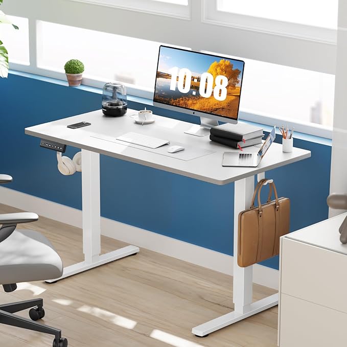 Sweetcrispy Electric Standing Desk Adjustable Height, 48x24 Inch Sit Stand Up Home Office Desks Computer Workstation PC Work Table with 3 Memory Preset Splice Wood Board Metal Frame, White