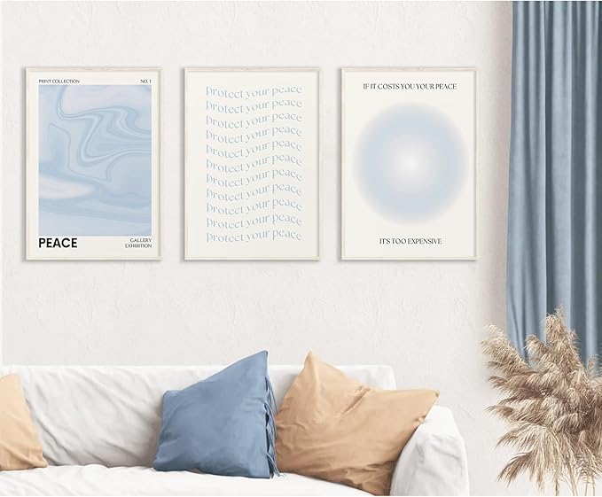 Blue Aura Wall Art Decor Retro Aesthetic Canvas Wall Art Pastel Abstract Pictures Prints Preppy Gradient Spiritual Poster Trendy Artwork Blue Painting for Room Bedroom 16x24 Inch Unframed Set of 3