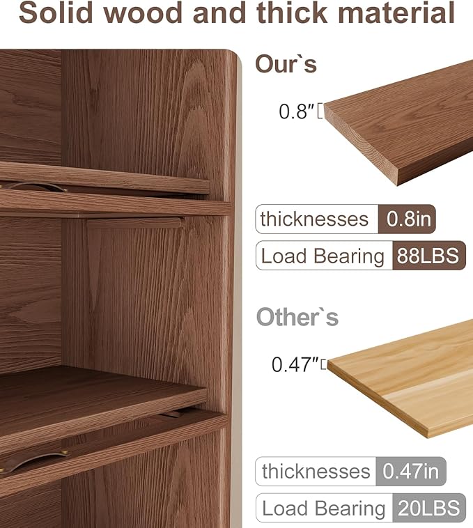 Solid Wood Book Case 5 Tier Bookcase with Tempered Clear Glass Flip-Up Doors Bookshelves Brown natural wood Bookshelf Versatile Pantry Cabinet with Storage Home Office (log color D14xW32xH72 inch)