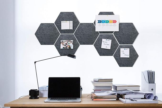 Felt Hexagon Bulletin Board with 20 Push Pins, Pack of 8 Notice Boards for Home Office Kitchen, Push Pin Board Felt Wall Tiles for Photos Memos