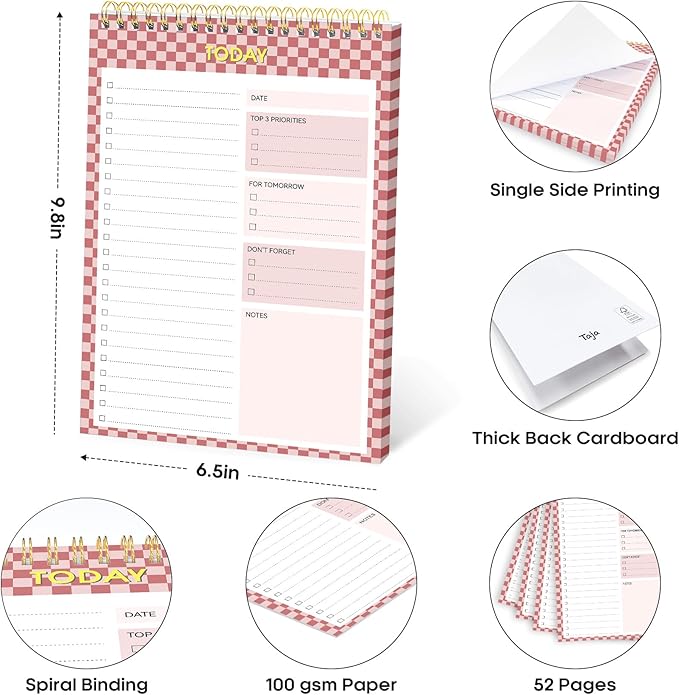 Taja To Do List Notepad - To Do List Notebook for Work with 52 Sheets, 9.8" x 6.5", Undated Daily Planner Perfect for Daily Tasks and Goal Setting, Notepad Suitable for Office, Home & School - Rose Checkered