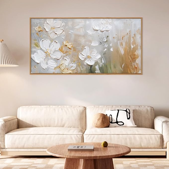 HPNIUB Large White Flower Framed Wall Art Modern White and Gold Floral Canvas Oil Painting Nature Botanical Wall Decor Abstract Aesthetic Artwork for Living Room Bedroom Decor -20"x40"
