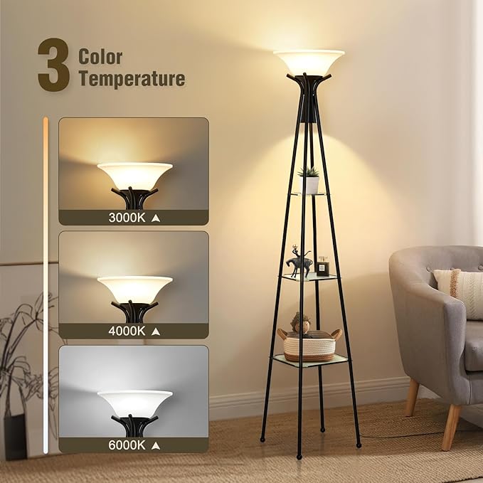 Luvkczc Floor Lamp with Shelves, 69” Tall Torchiere Floor Lamps for Living Room, 3-Tier Glass Shelf Lamp, Black Standing Lamp with Plastic Shade, Adjustable Color Temperatures (Bulb Include)