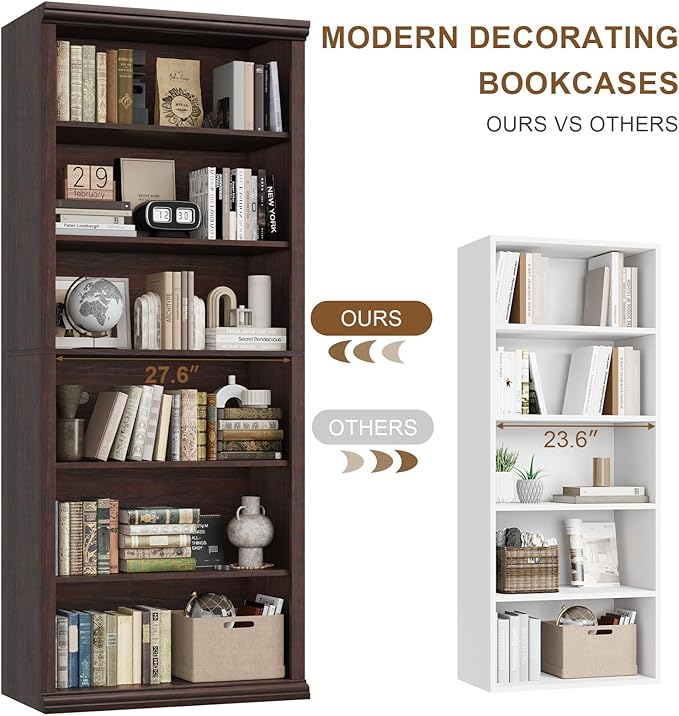 Rresyet Bookcase and Bookshelves, 28" W Tall Bookshelf with Elegant Design, 6 Tiers Spacious Book Storage, Freestanding Book Organizer, Display Library Shelf for Home Office, Living Room & Study Room