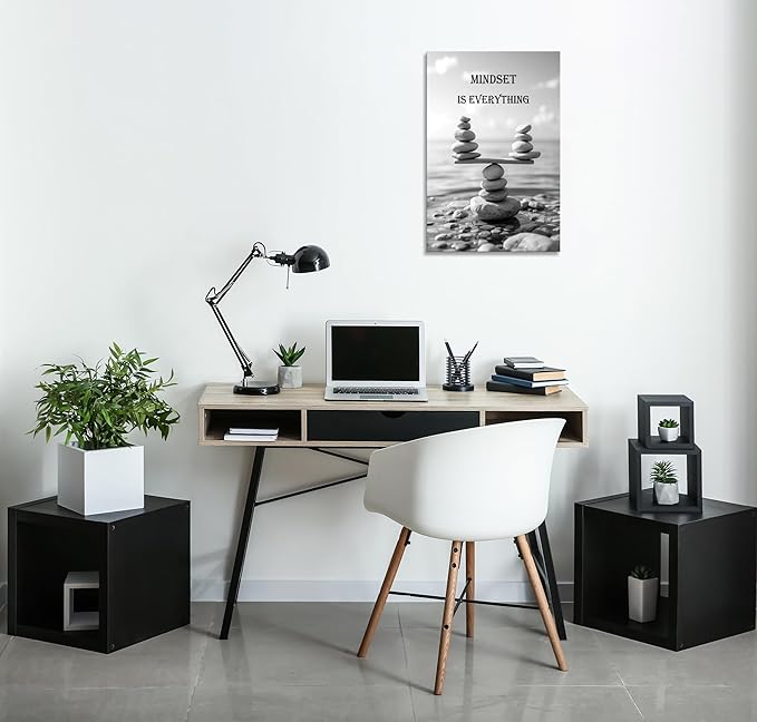 YIOZHAOFH Mindset Wall Art for Zen Office Inspirational Pictures Wall Decor Motivational Quotes Canvas Art Black and White Landscape Nature Print Poster Painting Framed for Meditation Spa Room Bedroom (24L x 36W)