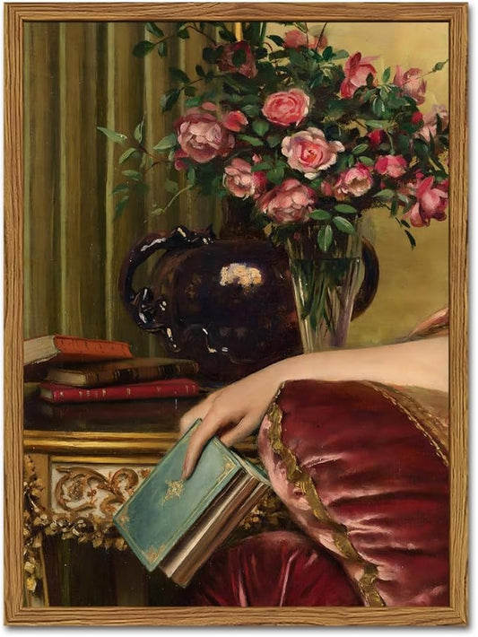 Framed Vintage Wall Art, Moody Victorian Wall Decor Paintings, Mid Century Modern Antique Book Woman Still Life Canvas Prints Pictures Home Decor Aesthetic for Living Room Bedroom Bathroom 16x24 inch