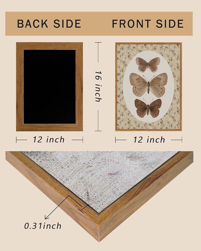 ARPEOTCY Framed Canvas Wall Art, Vintage Wall Decor, Retro Butterfly Pictures for Bedroom Bathroom Living Room, Antique Rustic Cottagecore Farmhouse Neutral Decorations, 12x16inch