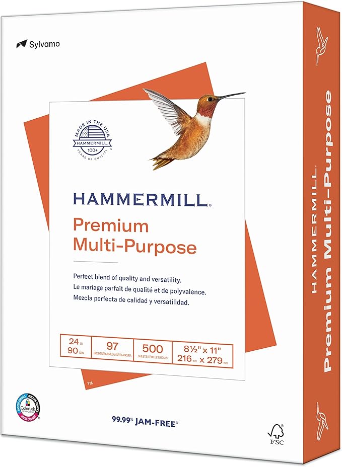Hammermill Printer Paper, Premium Multipurpose Paper 24 lb, 8.5 x 11-97 Bright, Made in the USA, 105810R - 1 Ream (500 Sheets)
