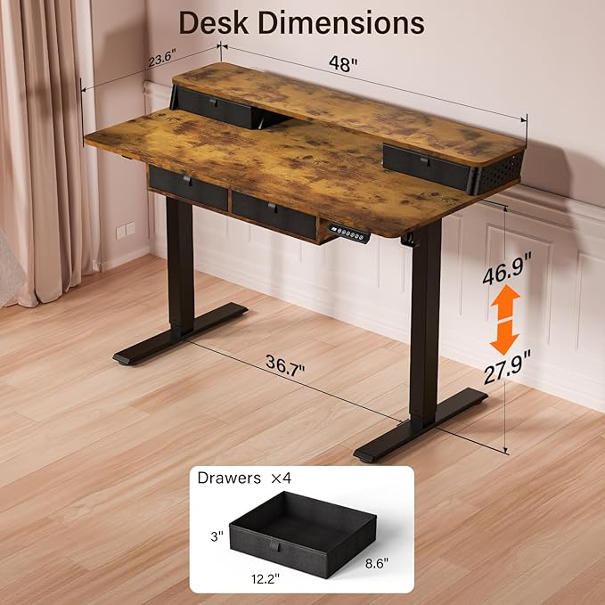 Kingant 48 x 24 Inch Electric Standing Desk with 4 Drawers, Height Adjustable Sit to Stand Computer Desk with Storage Shelf and C-Clamp Mount Compatibility for Home Office, Rustic Brown