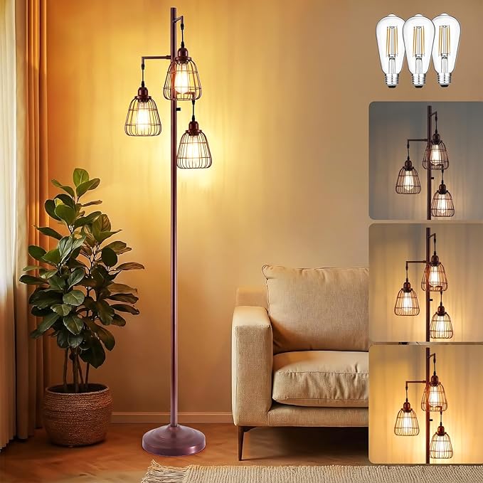 Farmhouse 70'' Dimmable Floor Lamp for Living Room Oil Rubbed Bronze 3-Light Tall Lamp with Bird Caged Lampshade Bedroom Floor Tree Standing Lamp (3xLED Bulb Included) - 315603ORB