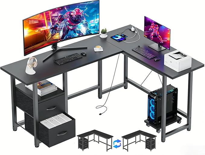 Gizoon 66" L Shaped Gaming Desk with Large Drawers, Reversible Corner Desk with Power Outlets & Moveable CPU Stand, Home Office Computer Desk, Black