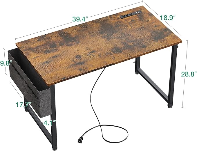 KKL Small Desk with Power Outlets and USB Port Computer Desk for Home Office Gaming Simple Modern Style Writing Desks with Storage Bag Headphone Hook, 40 inch, Rustic Brown