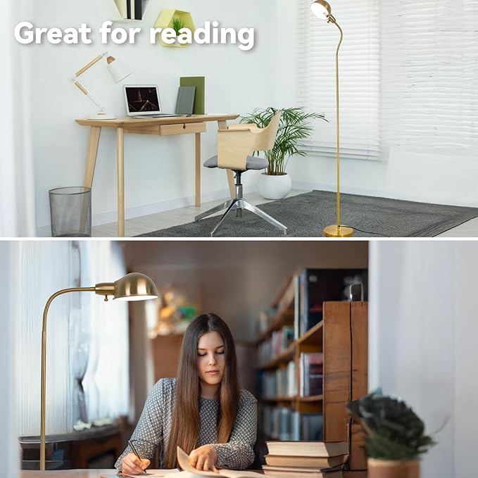 Dimmable Floor Lamp with Flexible Gooseneck and Rotatable Shade, Modern Style Standing Tall Lamp, E26 Socket, LED Reading Lamp (Gold)
