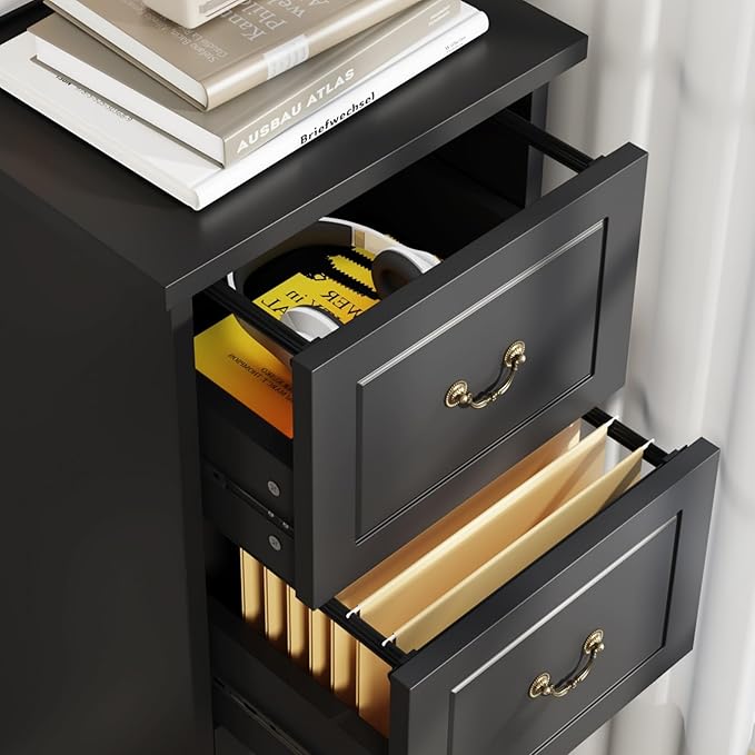 Tribesigns 4-Drawer File Filing Cabinet Set of 2, Vertical File Cabinet Hofice Wood Filing Cabinet for A4 /Letter Size Narrow Tall File Storage for Honhe Office, Black