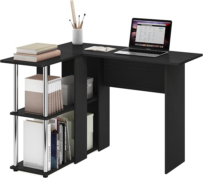 Furinno Abbott L-Shape Desk with Bookshelf, Americano/Chrome