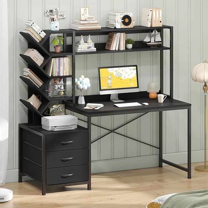 Reversible Computer Desk with Hutch, Home Office Desk with Drawers and Bookshelf, 52'' Study Writing Desk with Storage Shelves for Bedroom Home Office, Black