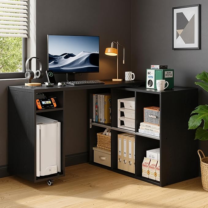 Black L-Shaped Computer Desk with Storage Shelves, Small Study Writing Desk with Charging Station, 67” Bedroom Side Table & 360° Rotating Desk for Living Room