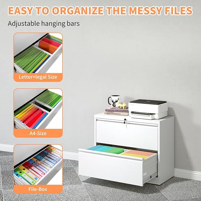 2 Drawer Lateral File Cabinet with Lock for Home Office Metal Filing Cabinet with Adjustable Hanging Bars Horizontal Filing Organization Storage Cabinet for Letter/Legal/A4/F4 Size White