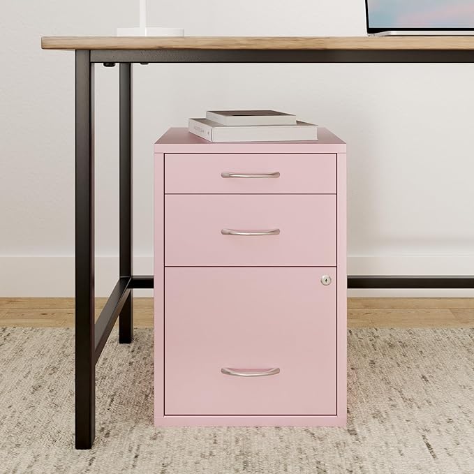 OSP Home Furnishings HPB Heavy Duty 3-Drawer Metal File Cabinet for Standard Files and Office Supplies, Pink Finish