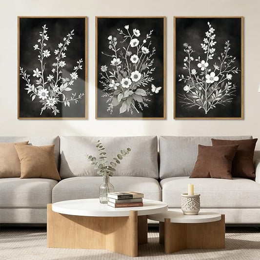BINCUE Framed Black and White Floral Wall Art Set of 3 Botanical Wall Decor Flower Painting for Living Room Bedroom Office 16x24 Inches