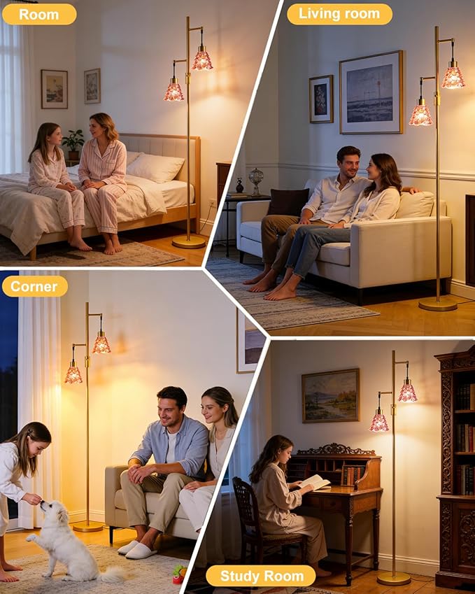 2-Light Glass Floor Lamp, Gold Tall Standing Lamps Dimmable with Rose Red Glass Lampshade, 3000K Warmwhite Mid Century Modern Floor Lamp for Living Room/Bedroom/Sofa Beside/Home Decor