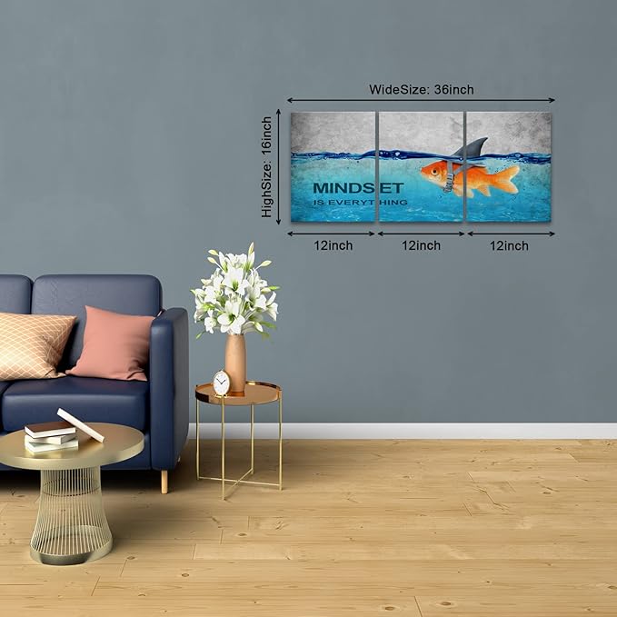 KAWAHONE 3 Panels Modern Framed Inspirational Quote Canvas Wall Art-Mindset is Everything Goldfish Strong Shark Motivational Posters Framed, Bathroom Bedroom Office Decor Framed Ready to Hang