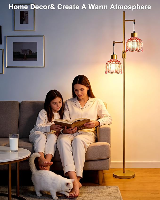 Lightdot 2-Light Gold Flower Floor Lamp, 65IN Rose Red Glass Floor Lamp with 3000K Warm White Bulbs, Modern Standing Tall Lamp for Living Room Bedroom Home Office Corner Sofa Beside