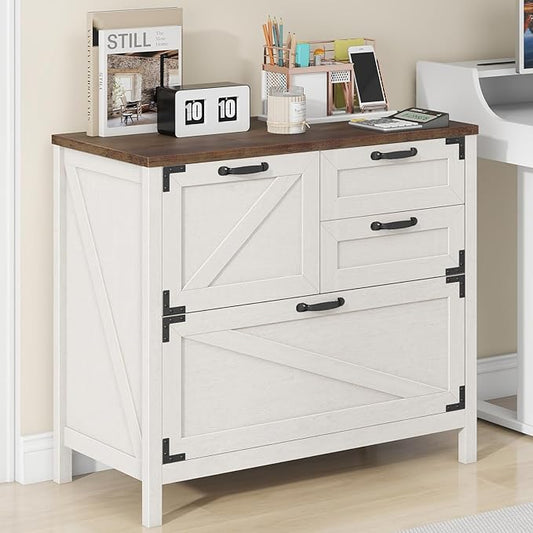 Vabches Lateral File Cabinet, Farmhouse 4 Drawer File Cabinet for Letter/Legal/A4 Size Hanging Files, Large Wood File Storage Cabinets Printer Stand for Home Office, Rustic White
