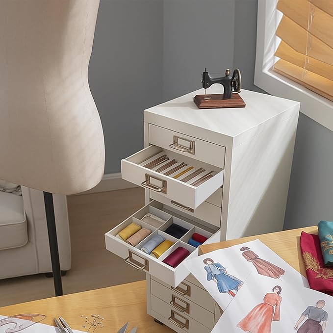 File Cabinet MINI 10 Tier Metal File Organizer Document Organizer with Wheel, White Color, for Home Office, Office Desk File (White)