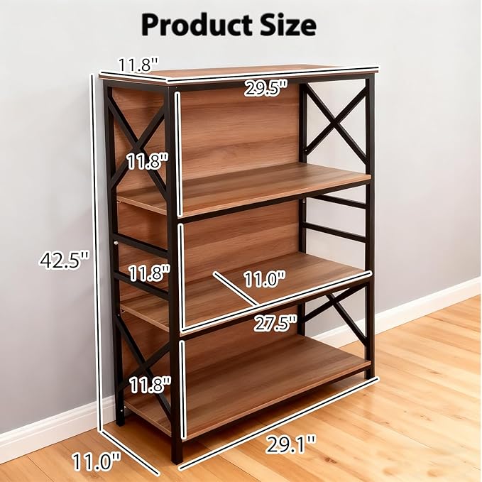 Book Shelf,4-Tier Industrial Bookshelf with Strong Metal Frame & Backboard,29.5" Short Bookcase for Small Spaces, Living Room,Bedroom and Home Office,Brown