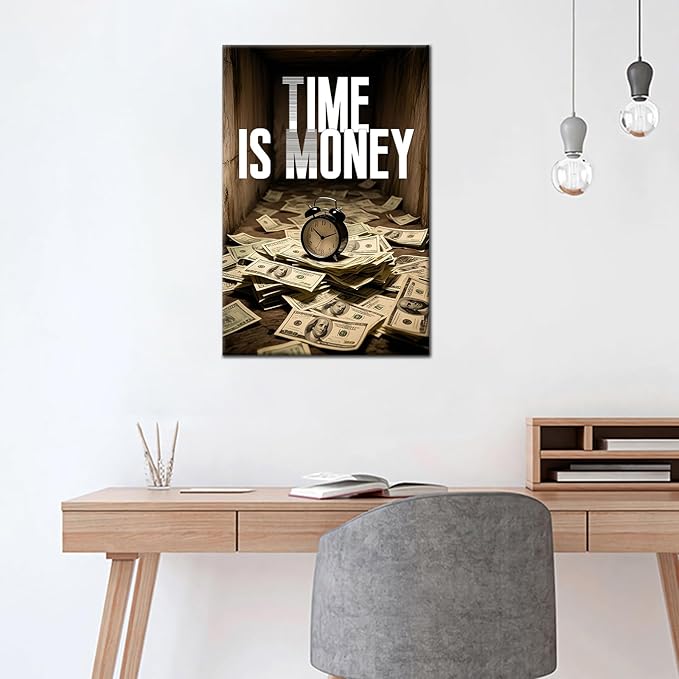Motivational Canvas Wall Art Inspirational Poster Time Is Money Positive Quotes Poster Print Success Painting Picture Office Bathroom Classroom Office Home Wall Decor Framed [12''Wx18''H]