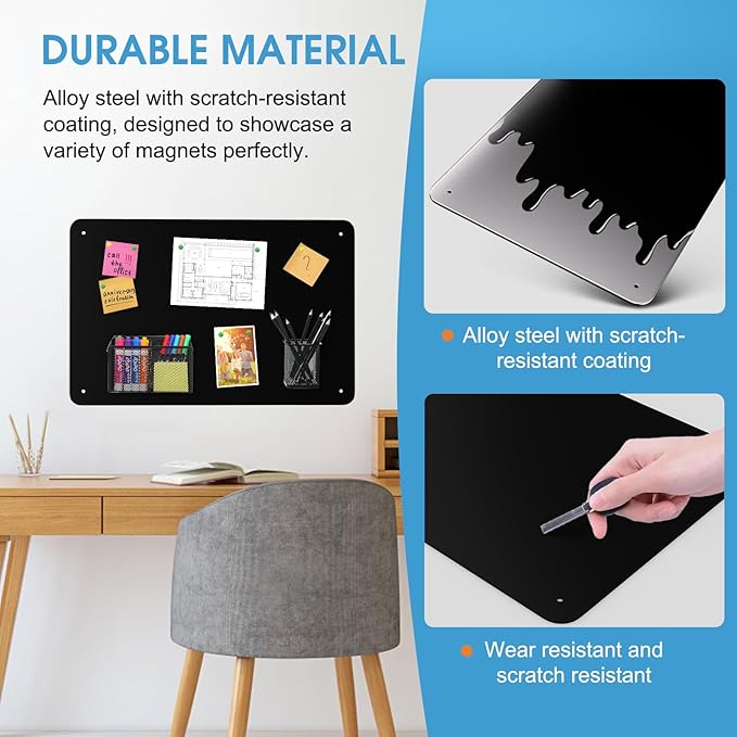 MaxGear Magnetic Board 17.5" x 11.4" Black Metal Magnet Bulletin Board for Wall, Refrigerator, Magnetic Board Display Notes, Photos, and More - Includes Dual Lock Tape and Screws