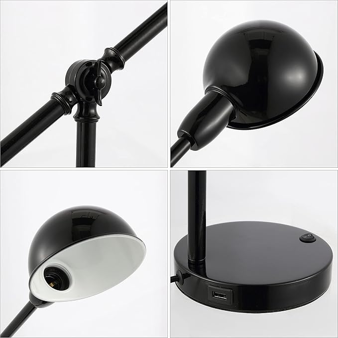 JONATHAN Y 20.25" Black Vintage Industrial Iron Adjustable Task Lamp with USB Charging Port for Office Desk, Metal Yellow Dome Shade, LED Bulb Included JYL7123A