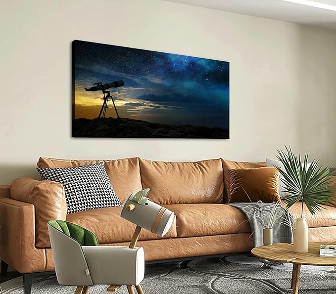 Canvas Wall Art for Living Room Bedroom Milky way at dawn and silhouette a telescope Big Large Wall Art Decor Framed Painting Wall Pictures Prints Artwork Office