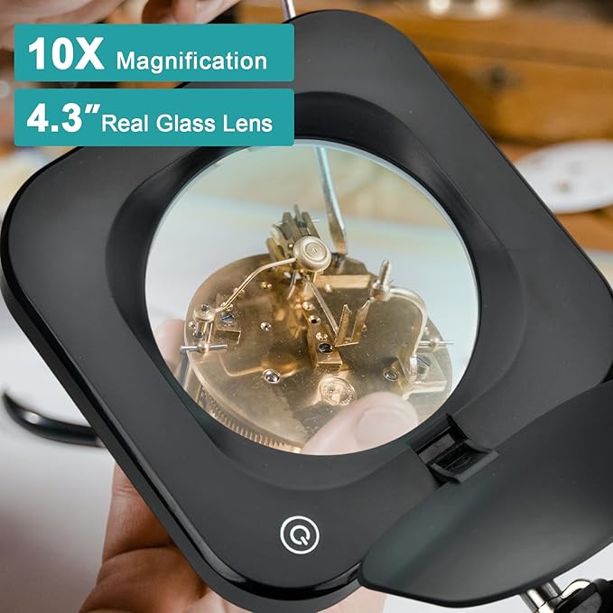 10X Magnifying Glass with Light and Stand, Real Glass LED Lighted Magnifier, 5 Color Modes Stepless Dimmable, Hands-Free Desk Lamp with Clamp for Kids, Women, Reading Craft, Hobby Close Work