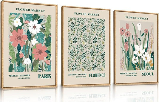 HLNIUC Flower Market Wall Art Prints, Boho Floral Wall Decor, Large Matisse Sage Green 24"x36" Framed Art Set of 3, Abstract Colorful Botanical Painting for Living Room, Bedroom, Office