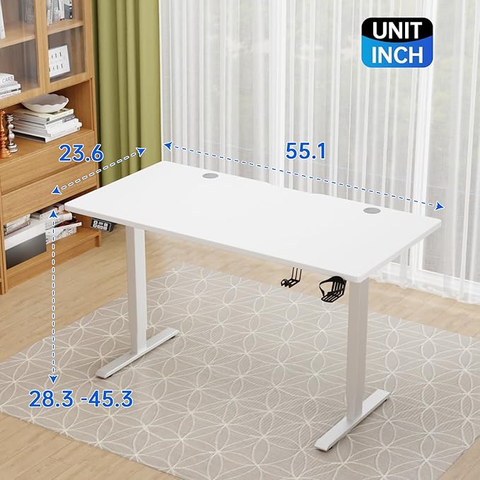 PayLessHere Electric Standing Desk 55x24 Inch Height Adjustable Desk Large Space Office Computer Desk with Headphone Holder 2 Memory Function for Home Office,White