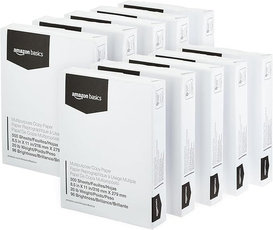 Amazon Basics Multipurpose Copy Printer Paper, 8.5 x 11 Inches, 20 lb Weight, 96 Bright, White, 10 Ream (5,000 Sheets)