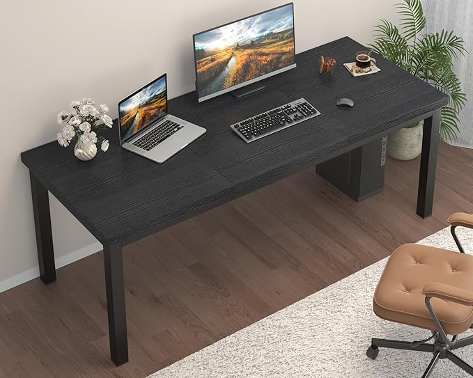 63 Inch Large Computer Desk, Modern Office Desk with Adjustable Feet, Gaming Desk with Deep Desktop, Study Writing Table for Home Office, Work from Home, Easy Assembly, Black