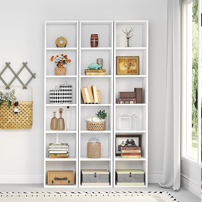 Narrow Bookshelf & Bookcase Set of 2, 6-Tier Floor Standing Open Book Shelf, Modern Corner Bookshelf with Storage Space, 71.5" Tall Bookshelves for Bedroom, Living Room and Office, White