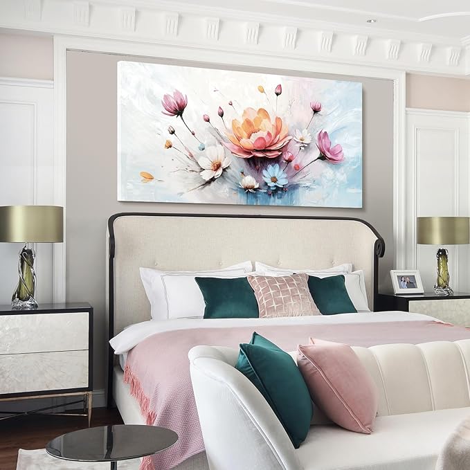 amatop Oversized Floral Canvas Wall Art, Large Modern Abstract Pink White Blue Botanical Print – Elegant Nature Wall Decor for Living Room, Bedroom, Office & Hallway (58x29 inch)