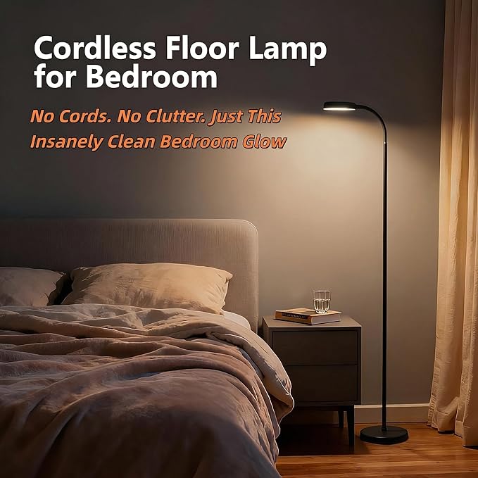 Cordless Portable Floor Lamp, Adjustable Gooseneck with Touch Switch, 3 Color Modes, Lightweight & Rechargeable for Living Room, Bedroom, Office, Reading, Camping, RV, Piano, Indoor Outdoor- Black