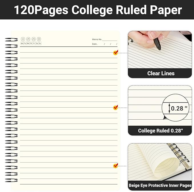 EUSOAR College Ruled Spiral Notebook, 24 Packs A5 5.5"x8.3" 120 Pages Hardcover Lined Travel Writing College Ruled Notebooks Sketchbook, Students Office Business Subject Diary Book Journal-Black,Kraft