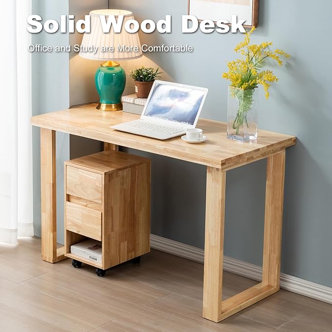 Solid Wood Desk, Wooden Computer Desk for Home Office, Gaming Study Desk for Small Spaces, Writing Work Desk for Bedroom,Easy Assembly (Wood Color 47inch)