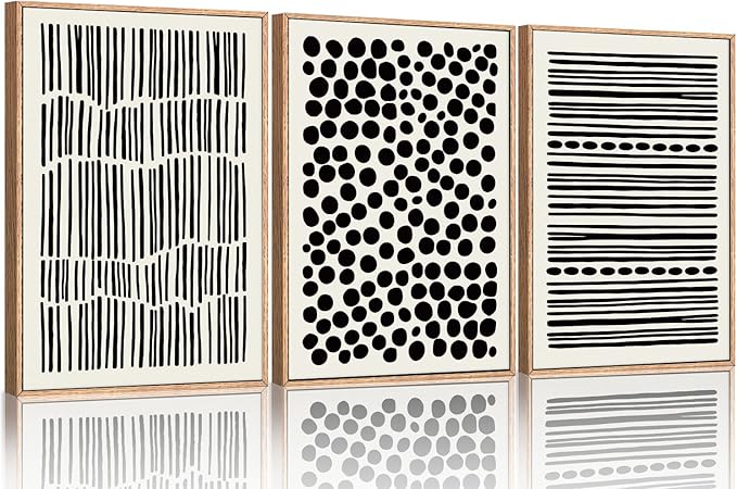 KAIRNE Black and White Boho Framed Canvas Wall Art Set, Abstract Modern Geometric Wall Decor, Minimalist Black Line Wall Painting, Modern Neutral Art Print for Living Room, Bedroom, Kitchen 16x24inch