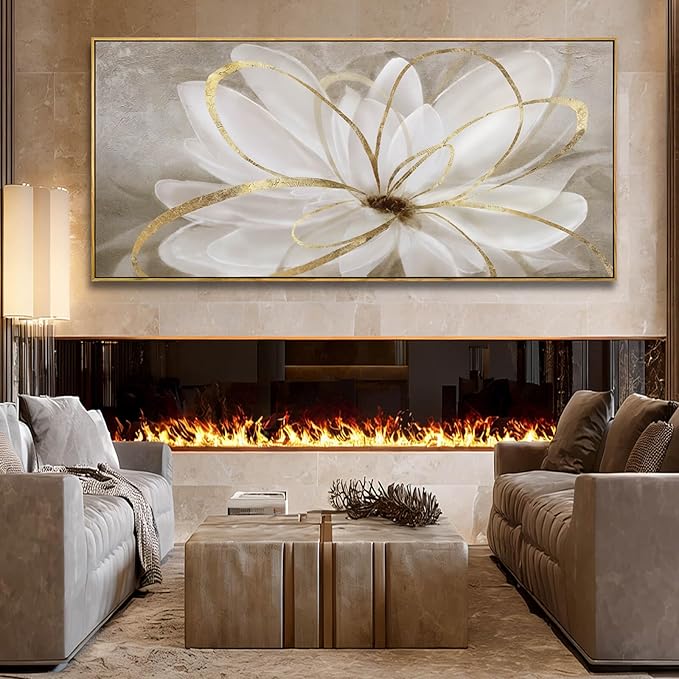 SOUGUAN White Floral Wall Art Line Wall Decor Vintage Canvas Painting 40"x86" Artwork for Bedroom Large Pictures for Dining Room
