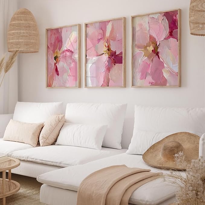 Abstract Floral Wall Art Pink Flower Canvas Pictures Modern Wall Decor Blush Pastel Pink Prints Peony Painting Minimalist Poster Botanical Artwork for Bedroom Living Room 16x24 Inch Unframed set of 3