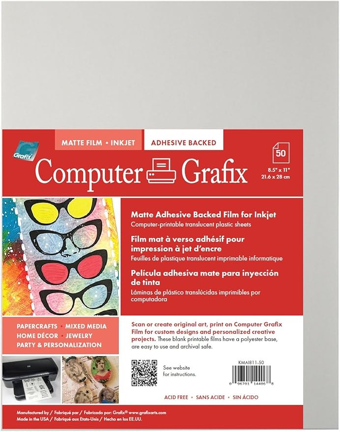 Grafix Computer Adhesive Backed Self-Stick Printable Film for Creating Custom Journals, Stickers, Photos, Jewelry and More, Ink Jet Printers Only, 8.5" x 11",Matte, 50 Pack